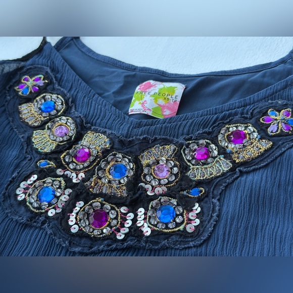 Free People 100% Silk Navy Blue Tiered Ruffle Spaghetti Strap Dress size XS - Picture 6 of 10